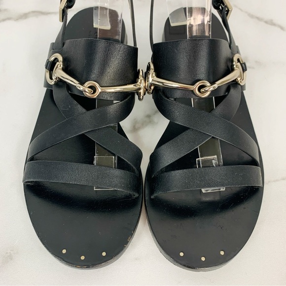 GUCCI Juliette Black Leather Horsebit Open Toe Flat Strappy Summer Sandals 38.5 - Picture 6 of 13